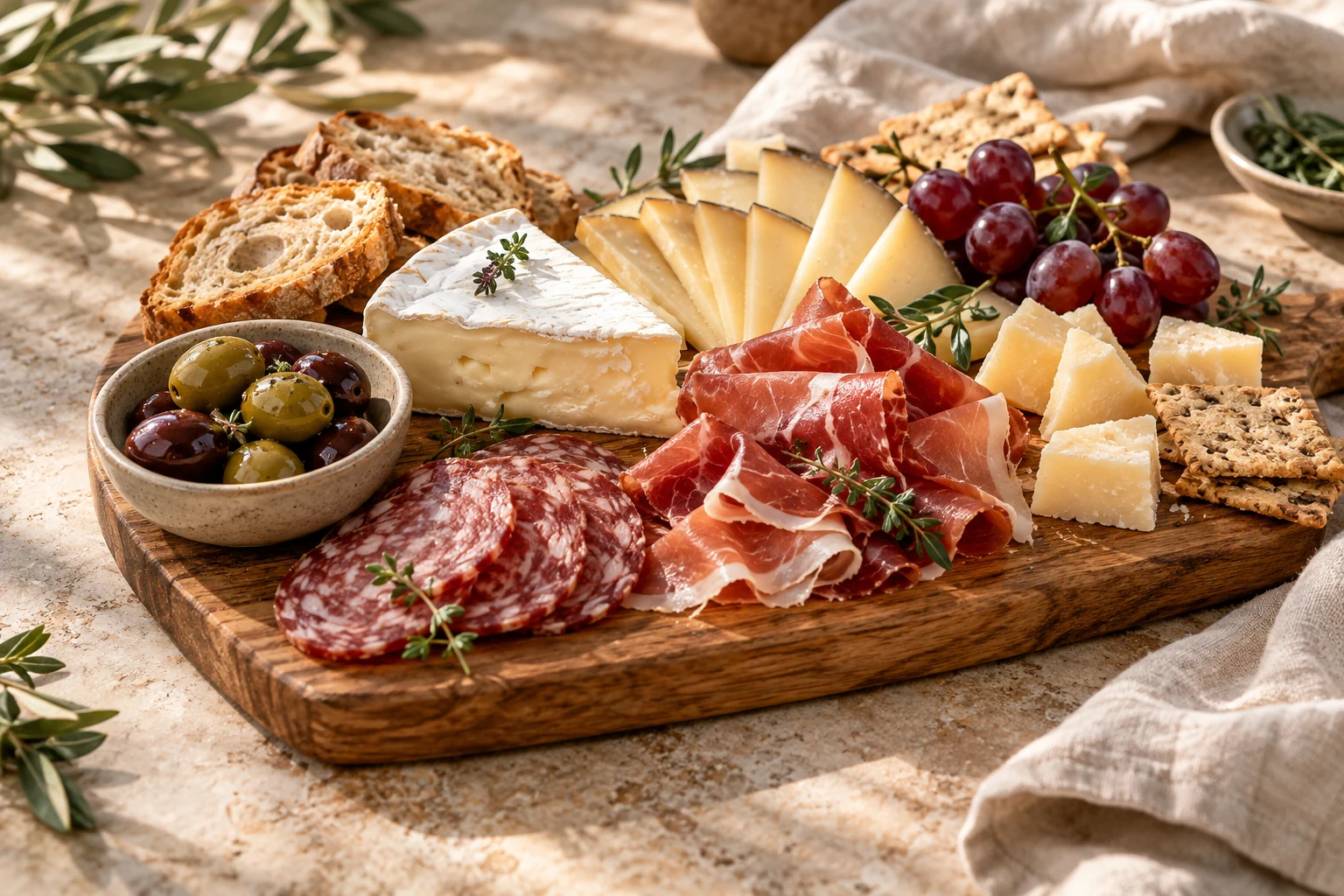 Una mesa con quesos, charcutería y aceitunas